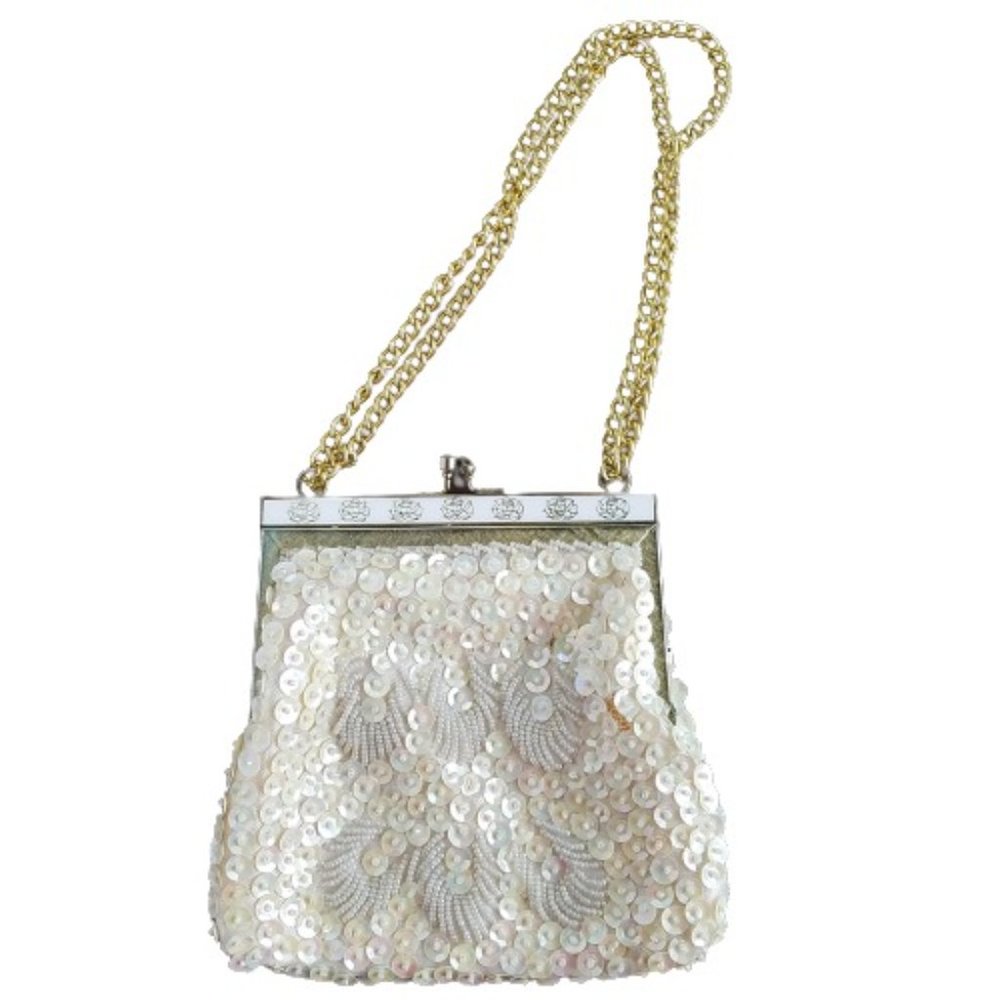 Vintage White Sequin and Bead Purse / Bag Wedding Prom
